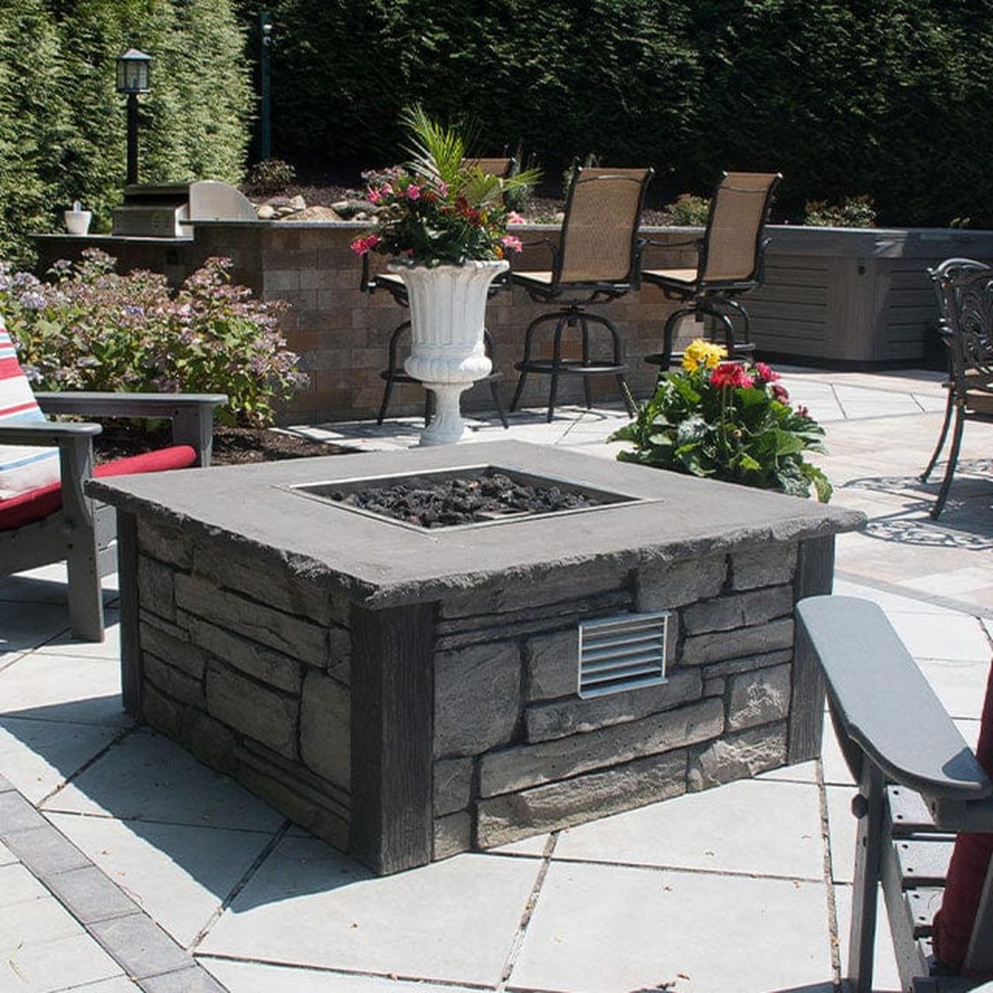 Nicolock 44" Encore Square Deluxe AWS Liquid Propane Fire Pit Package with Surround in Stackstone Texture & Biscotti Tan Color