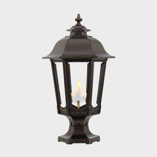 American Gas Lamp Works Bavarian 1200R 14" Timeless Black Residential Pier Mount Aluminum Natural Gas Lamp With Dual Inverted Gas Mantle Light Assembly, Flat Tempered Glass Panes and Universal Finial