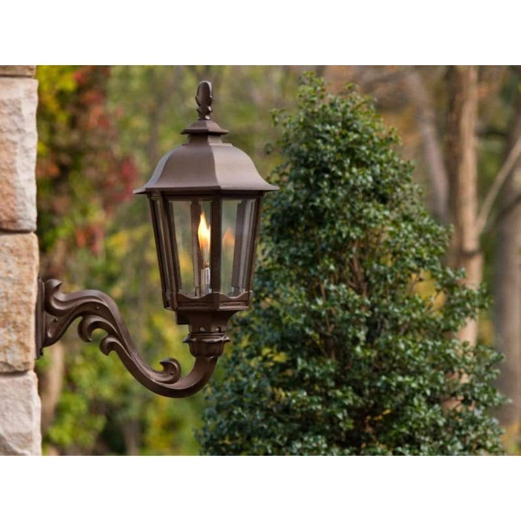 American Gas Lamp Works Bavarian 1200W 21" Timeless Black Residential Wall Mount Aluminum Natural Gas Lamp With Dual Inverted Gas Mantle Light Assembly, Flat Tempered Glass Panes and Universal Finial