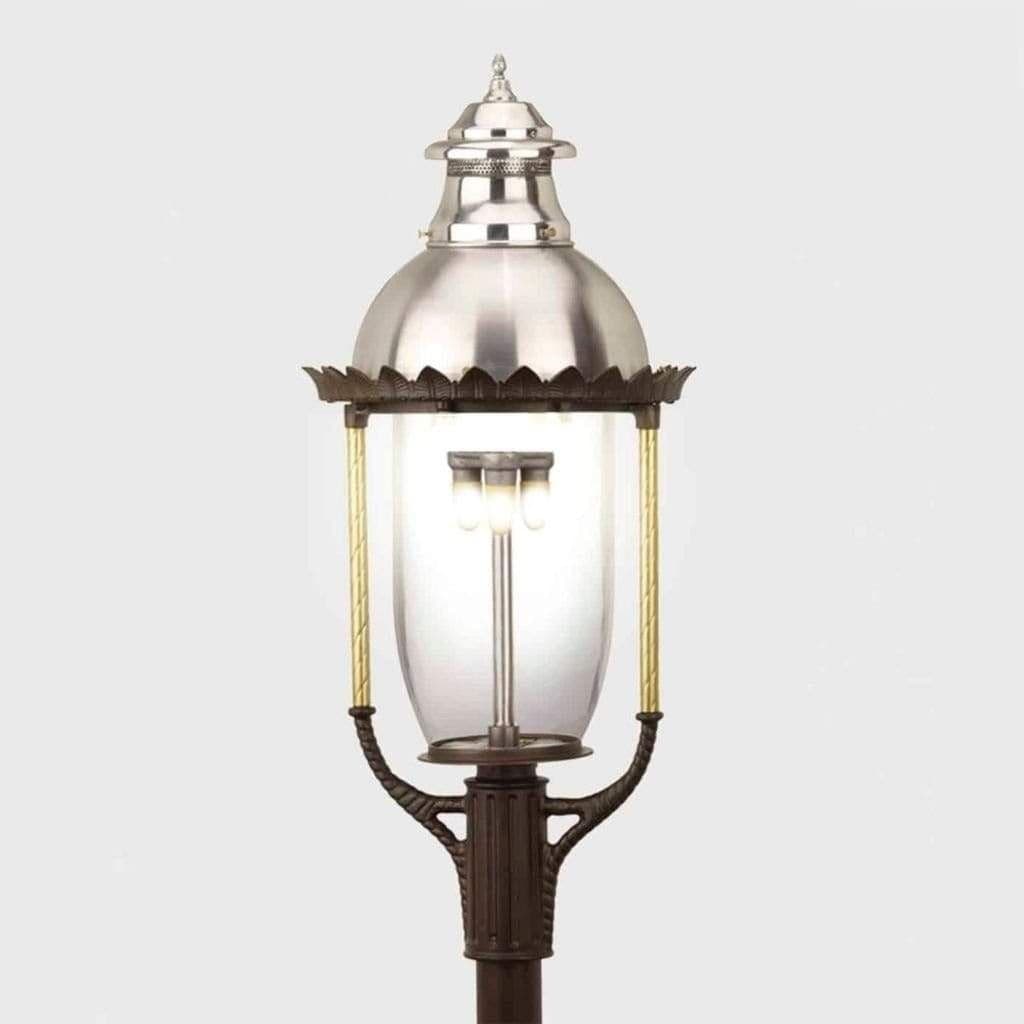American Gas Lamp Works Boulevard 3600H 18" Timeless Black Estate Post Mount Aluminum Natural Gas Lamp With Dual Inverted Gas Mantle Light Assembly, Clear Glass Globe, Spun Aluminum Ventilator, Milk Glass Dome and Brass Side Arms