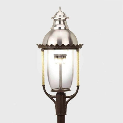 American Gas Lamp Works Boulevard 3600H 18" Timeless Black Estate Post Mount Aluminum Natural Gas Lamp With Dual Inverted Gas Mantle Light Assembly, Clear Glass Globe, Spun Aluminum Ventilator, Milk Glass Dome and Brass Side Arms