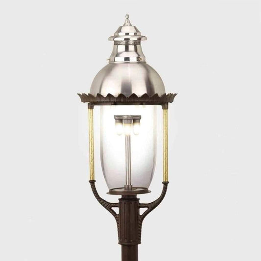 American Gas Lamp Works Boulevard 3600H 18" Timeless Black Estate Post Mount Aluminum Natural Gas Lamp With Dual Inverted Gas Mantle Light Assembly, Clear Glass Globe, Spun Aluminum Ventilator, Milk Glass Dome and Brass Side Arms