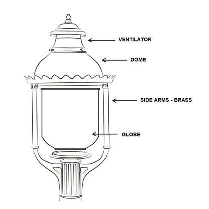 American Gas Lamp Works Boulevard 3600H 18" Timeless Black Estate Post Mount Aluminum Natural Gas Lamp With Dual Inverted Gas Mantle Light Assembly, Clear Glass Globe, Spun Aluminum Ventilator, Milk Glass Dome and Brass Side Arms