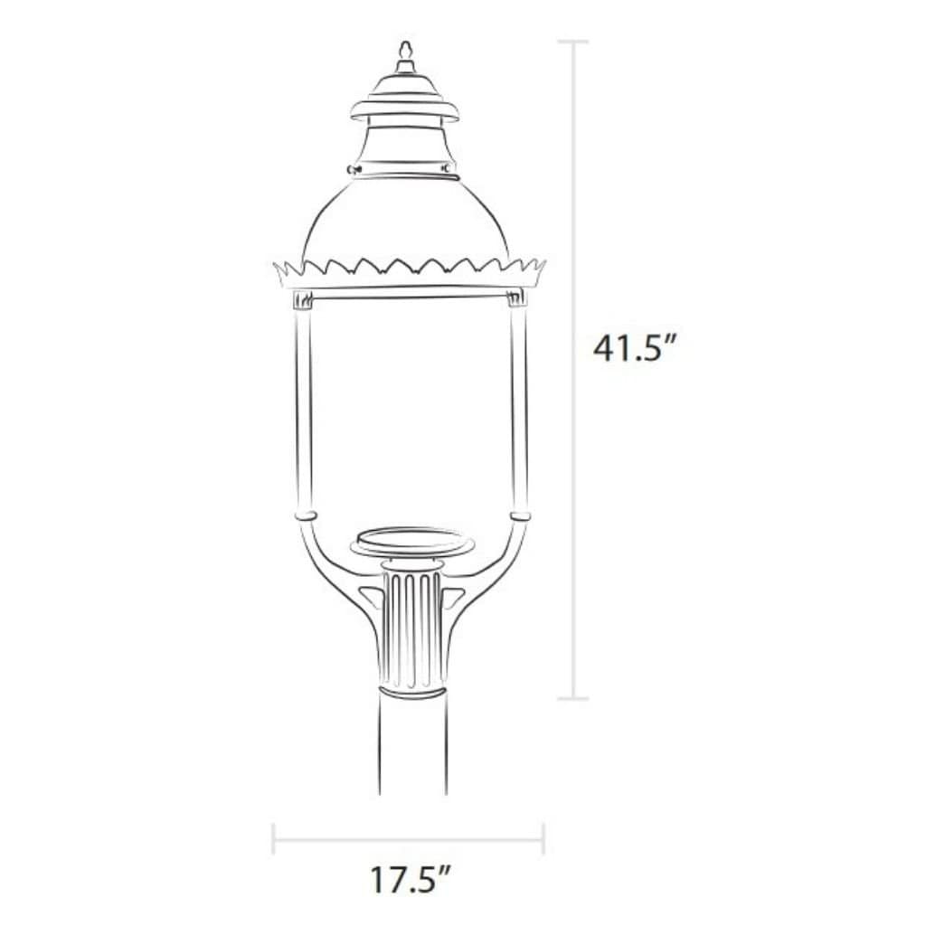 American Gas Lamp Works Boulevard 3600H 18" Timeless Black Estate Post Mount Aluminum Natural Gas Lamp With Dual Inverted Gas Mantle Light Assembly, Clear Glass Globe, Spun Aluminum Ventilator, Milk Glass Dome and Brass Side Arms