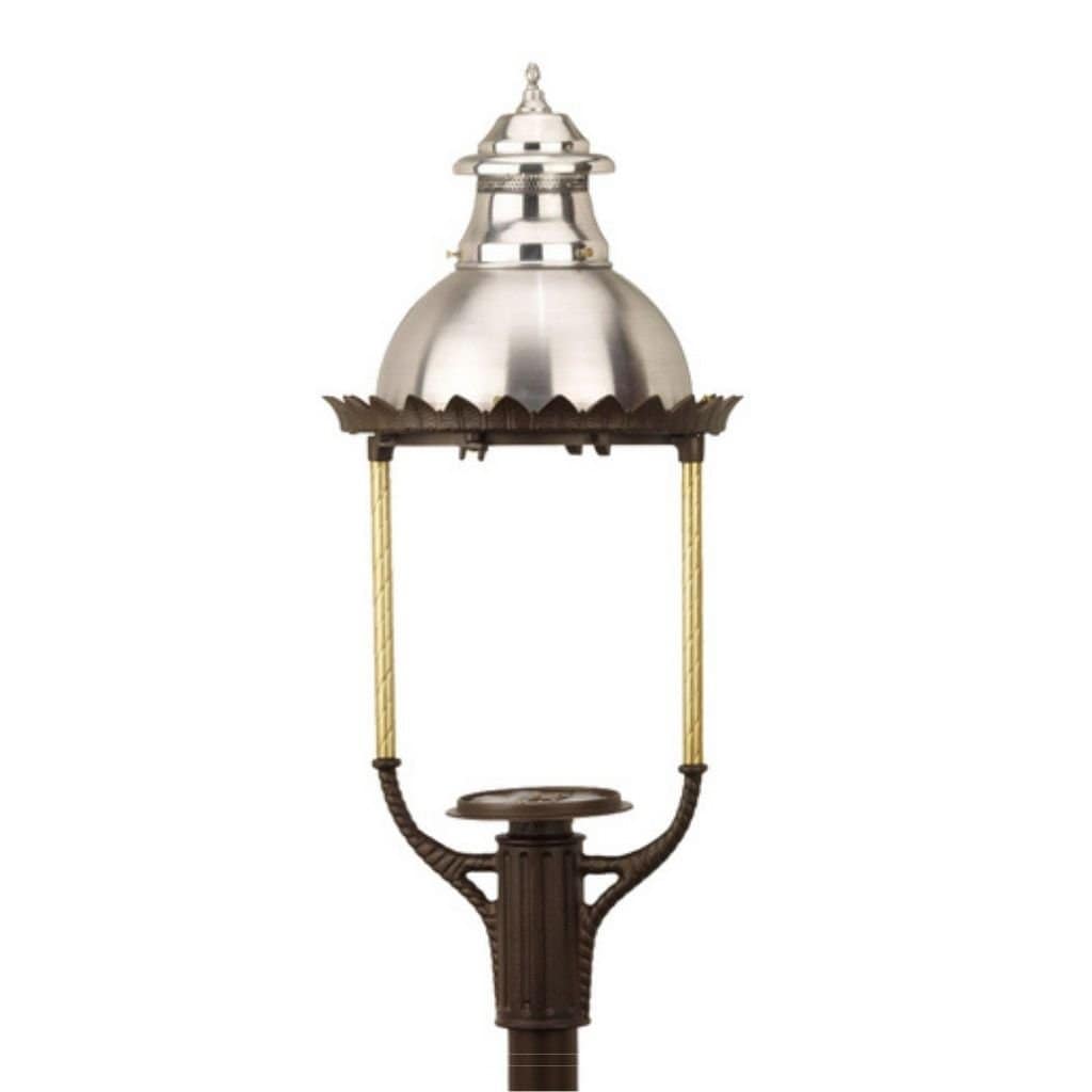 American Gas Lamp Works Boulevard 3600H 18" Timeless Black Estate Post Mount Aluminum Natural Gas Lamp With Dual Inverted Gas Mantle Light Assembly, Clear Glass Globe, Spun Aluminum Ventilator, Milk Glass Dome and Brass Side Arms