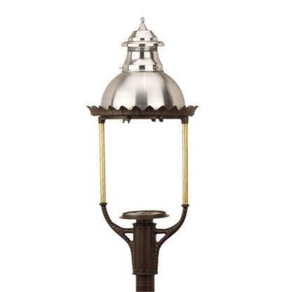 American Gas Lamp Works Boulevard 3600H 18" Timeless Black Estate Post Mount Aluminum Natural Gas Lamp With Dual Inverted Gas Mantle Light Assembly, Clear Glass Globe, Spun Aluminum Ventilator, Milk Glass Dome and Brass Side Arms