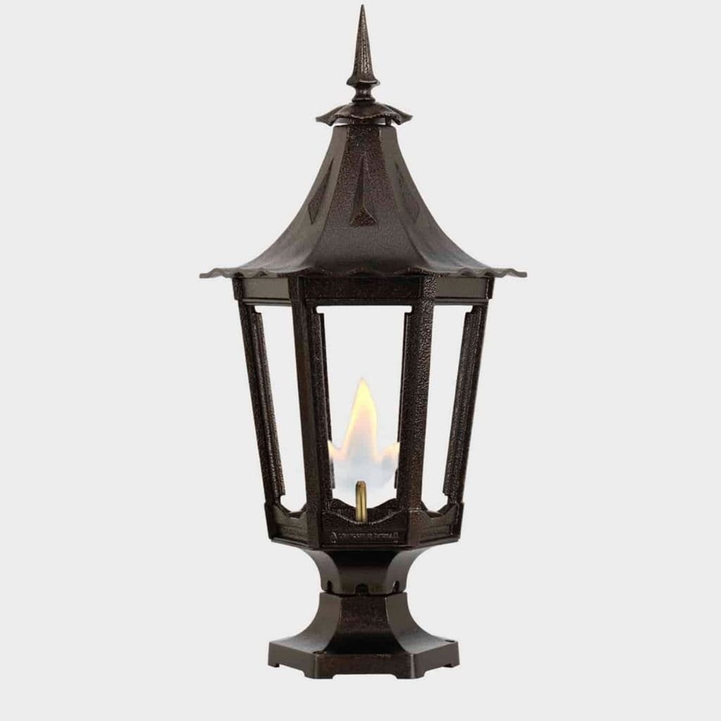 American Gas Lamp Works Cavalier 1400R 13" Timeless Black Residential Pier Mount Aluminum Natural Gas Lamp With Dual Inverted Gas Mantle Light Assembly, Flat Tempered Glass Panes and Universal Finial