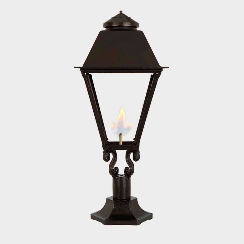 American Gas Lamp Works Coachman 3000R 19" Timeless Black Estate Pier Mount Aluminum Natural Gas Lamp With Dual Inverted Gas Mantle Light Assembly, Flat Tempered Glass Panes and Universal Finial