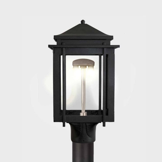 American Gas Lamp Works Craftsman 1100H 8" Timeless Black Residential Post Mount Aluminum Natural Gas Lamp With Dual Inverted Gas Mantle Light Assembly, Flat Tempered Glass Panes and Universal Finial