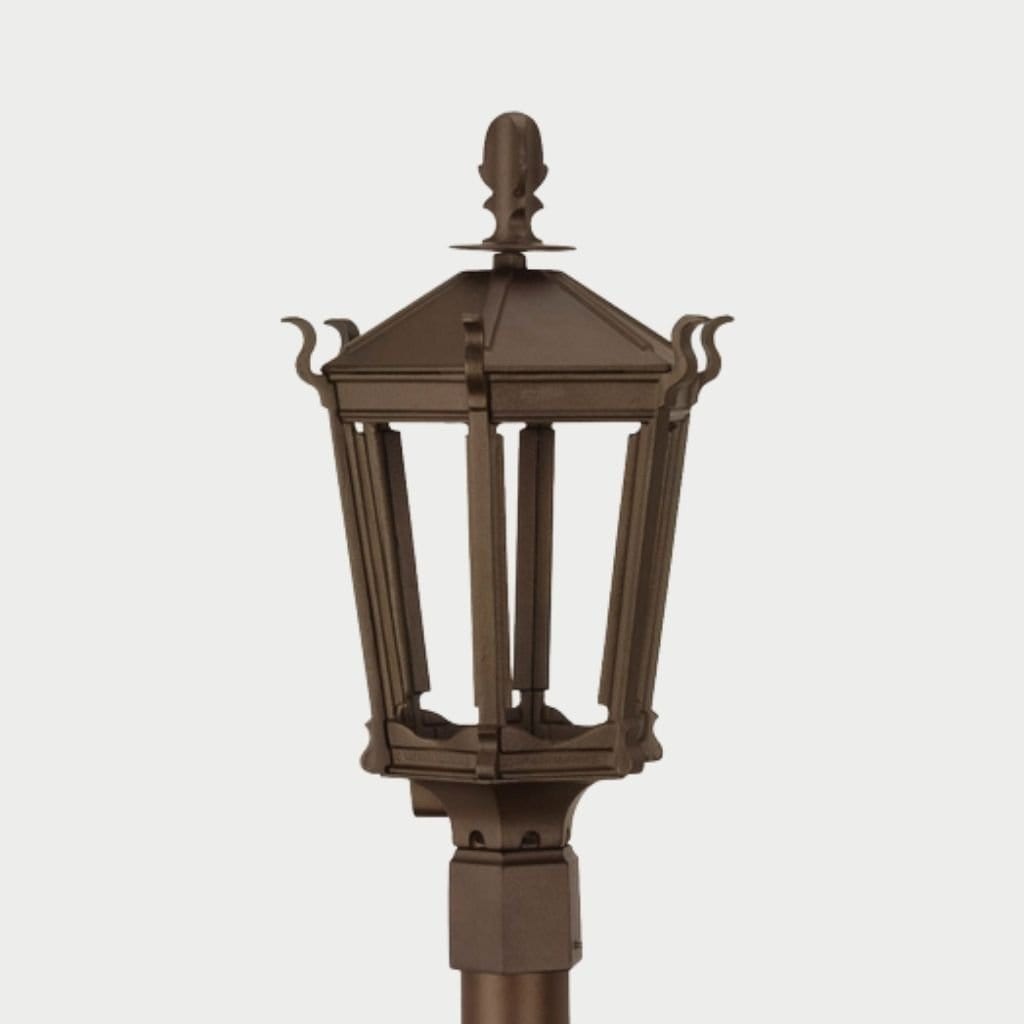 American Gas Lamp Works Gothic 2900H 14" Timeless Black Residential Post Mount Aluminum Natural Gas Lamp With Dual Inverted Gas Mantle Light Assembly, Flat Tempered Glass Panes and Universal Finial