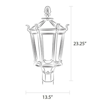 American Gas Lamp Works Gothic 2900H 14" Timeless Black Residential Post Mount Aluminum Natural Gas Lamp With Dual Inverted Gas Mantle Light Assembly, Flat Tempered Glass Panes and Universal Finial