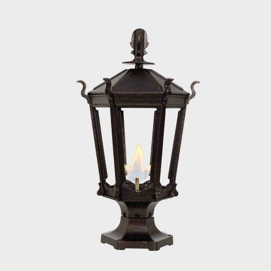 American Gas Lamp Works Gothic 2900R 14" Timeless Black Residential Pier Mount Aluminum Natural Gas Lamp With Dual Inverted Gas Mantle Light Assembly, Flat Tempered Glass Panes and Universal Finial