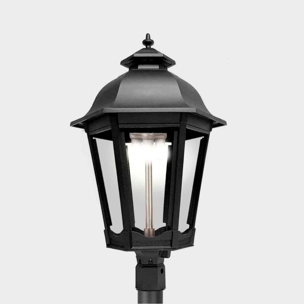 American Gas Lamp Works Grand Bavarian 3200H 20" Mid-Size Timeless Black Post Mount Aluminum Natural Gas Lamp With Dual Inverted Gas Mantle Light Assembly, Flat Tempered Glass Panes and Universal Finial