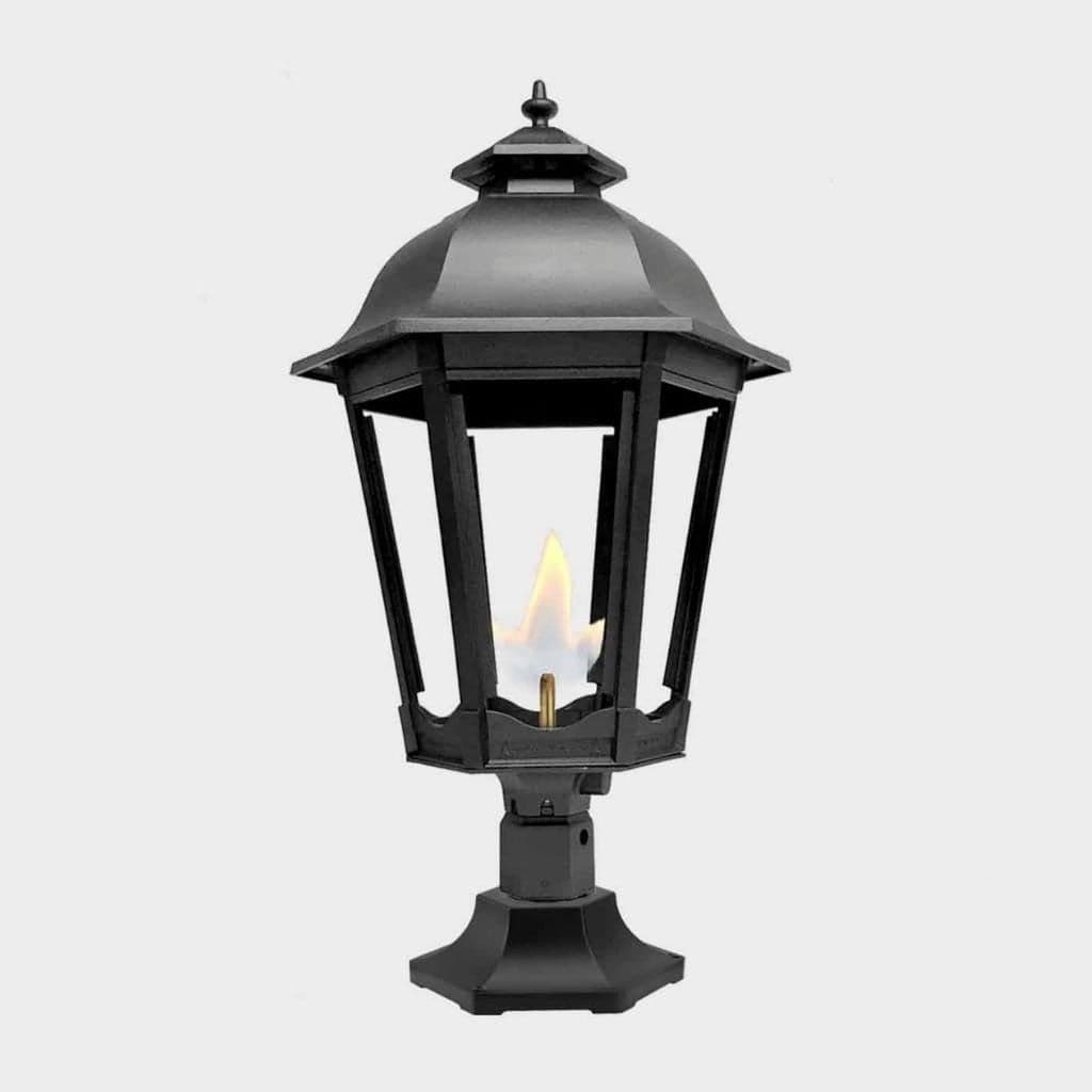 American Gas Lamp Works Grand Bavarian 3200R 20" Mid-Size Timeless Black Pier Mount Aluminum Natural Gas Lamp With Dual Inverted Gas Mantle Light Assembly, Flat Tempered Glass Panes and Universal Finial