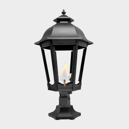 American Gas Lamp Works Grand Bavarian 3200R 20" Mid-Size Timeless Black Pier Mount Aluminum Natural Gas Lamp With Dual Inverted Gas Mantle Light Assembly, Flat Tempered Glass Panes and Universal Finial