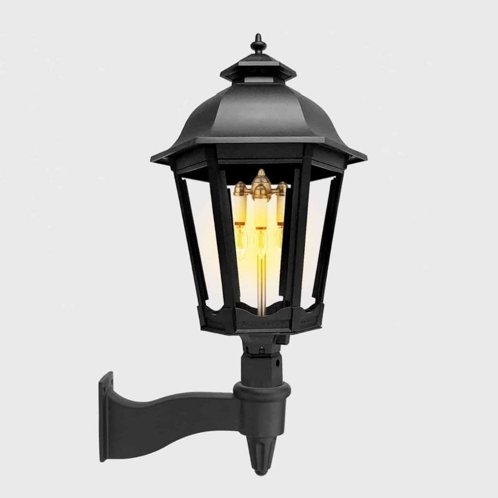 American Gas Lamp Works Grand Bavarian 3200W 20" Mid-Size Timeless Black Wall Mount Aluminum Natural Gas Lamp With Dual Inverted Gas Mantle Light Assembly, Flat Tempered Glass Panes and Universal Finial