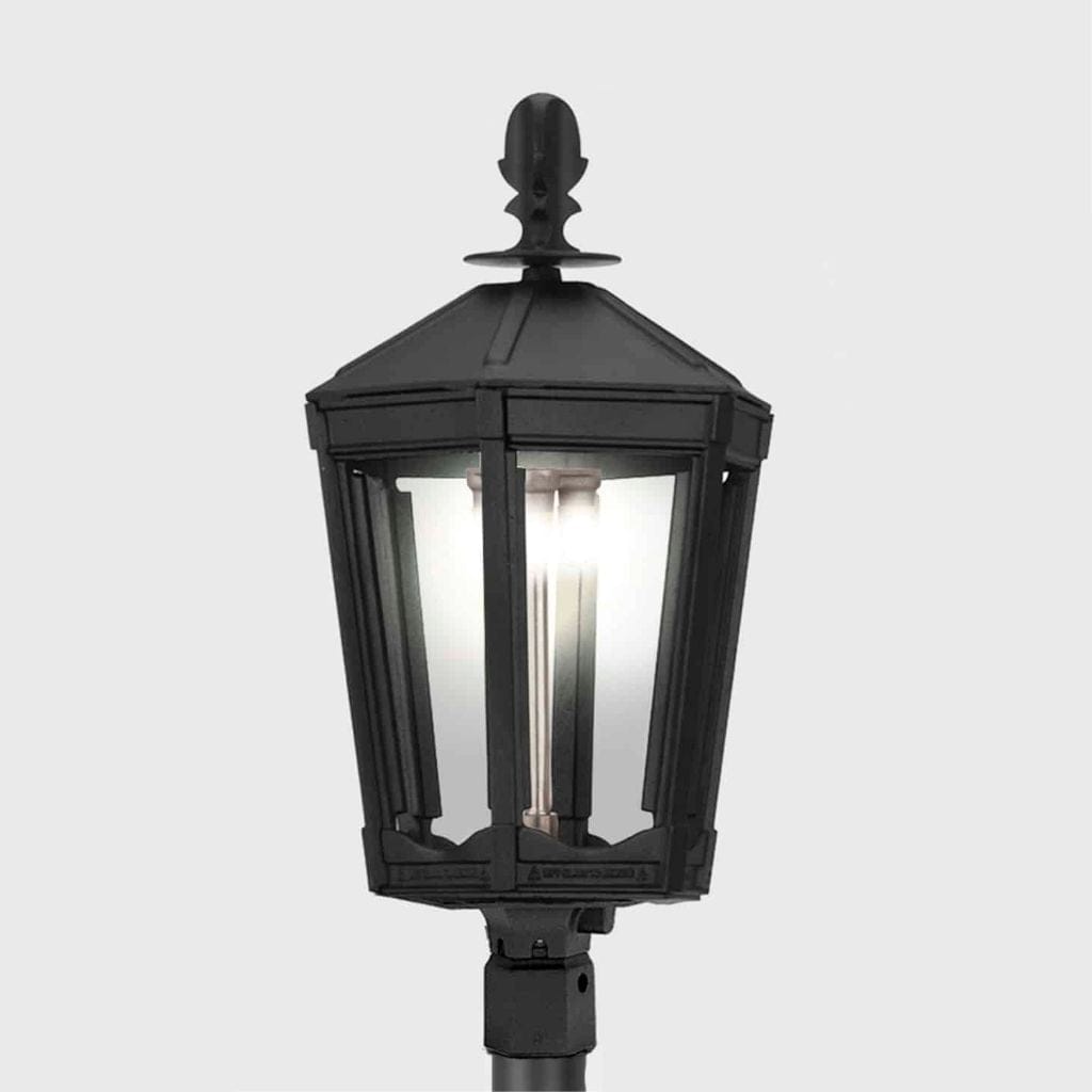 American Gas Lamp Works Grand Vienna 3100H 16" Mid-Size Timeless Black Post Mount Aluminum Natural Gas Lamp With Dual Inverted Gas Mantle Light Assembly, Flat Tempered Glass Panes and Universal Finial