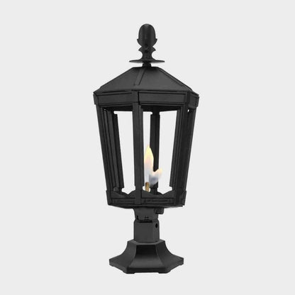 American Gas Lamp Works Grand Vienna 3100R 16" Mid-Size Timeless Black Pier Mount Aluminum Natural Gas Lamp With Dual Inverted Gas Mantle Light Assembly, Flat Tempered Glass Panes and Universal Finial