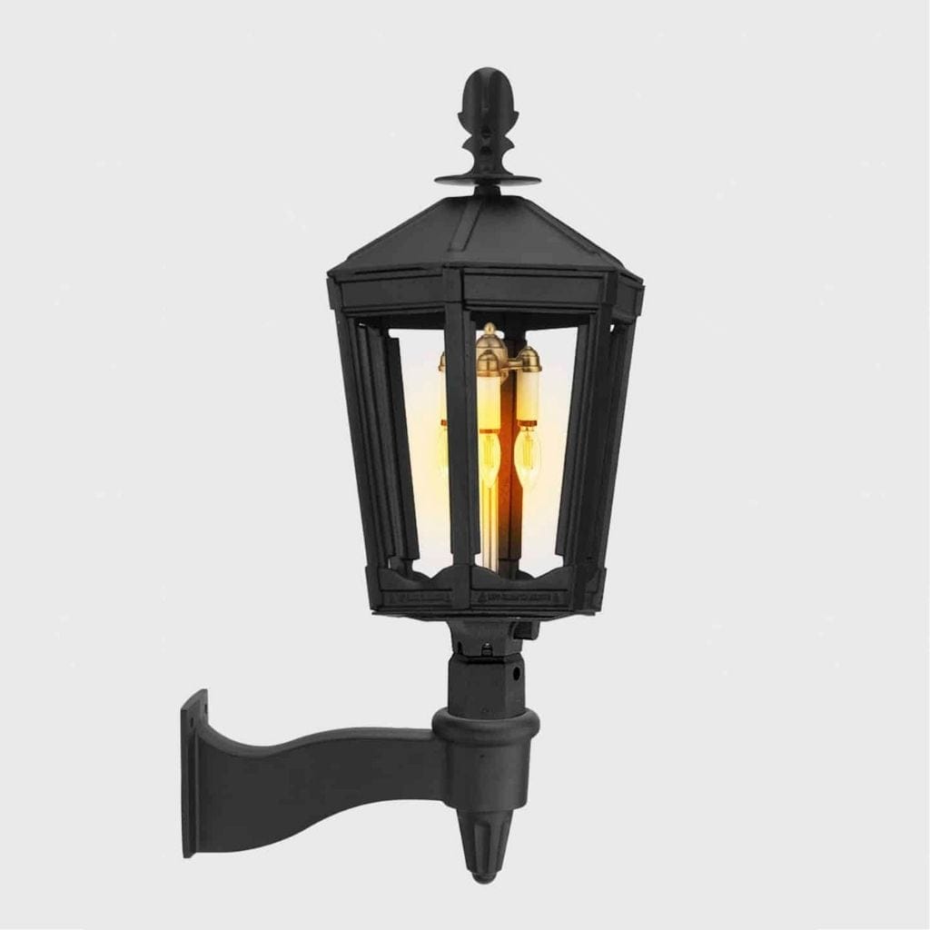 American Gas Lamp Works Grand Vienna 3100W 17" Mid-Size Timeless Black Wall Mount Aluminum Natural Gas Lamp With Dual Inverted Gas Mantle Light Assembly, Flat Tempered Glass Panes and Universal Finial