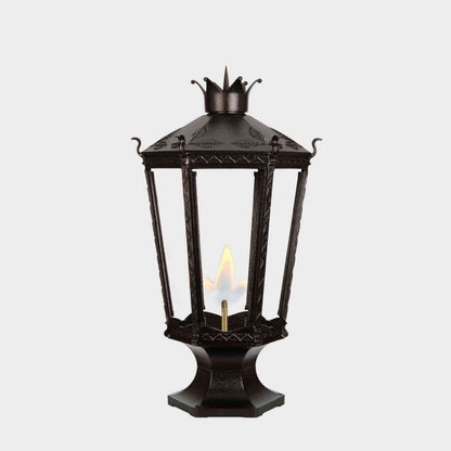 American Gas Lamp Works Kronberg 9000R 22" Timeless Black Estate Pier Mount Aluminum Natural Gas Lamp With Dual Inverted Gas Mantle Light Assembly, Flat Tempered Glass Panes and Universal Finial