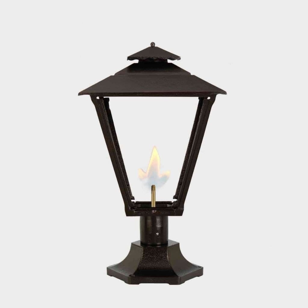 American Gas Lamp Works Old Allegheny 3701R 19" Mid-Size Timeless Black Pier Mount Aluminum Natural Gas Lamp With Dual Inverted Gas Mantle Light Assembly, Flat Tempered Glass Panes and Universal Finial