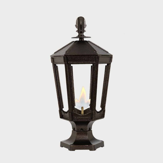 American Gas Lamp Works Vienna 1000R 11" Timeless Black Residential Pier Mount Aluminum Natural Gas Lamp With Dual Inverted Gas Mantle Light Assembly, Flat Tempered Glass Panes and Universal Finial