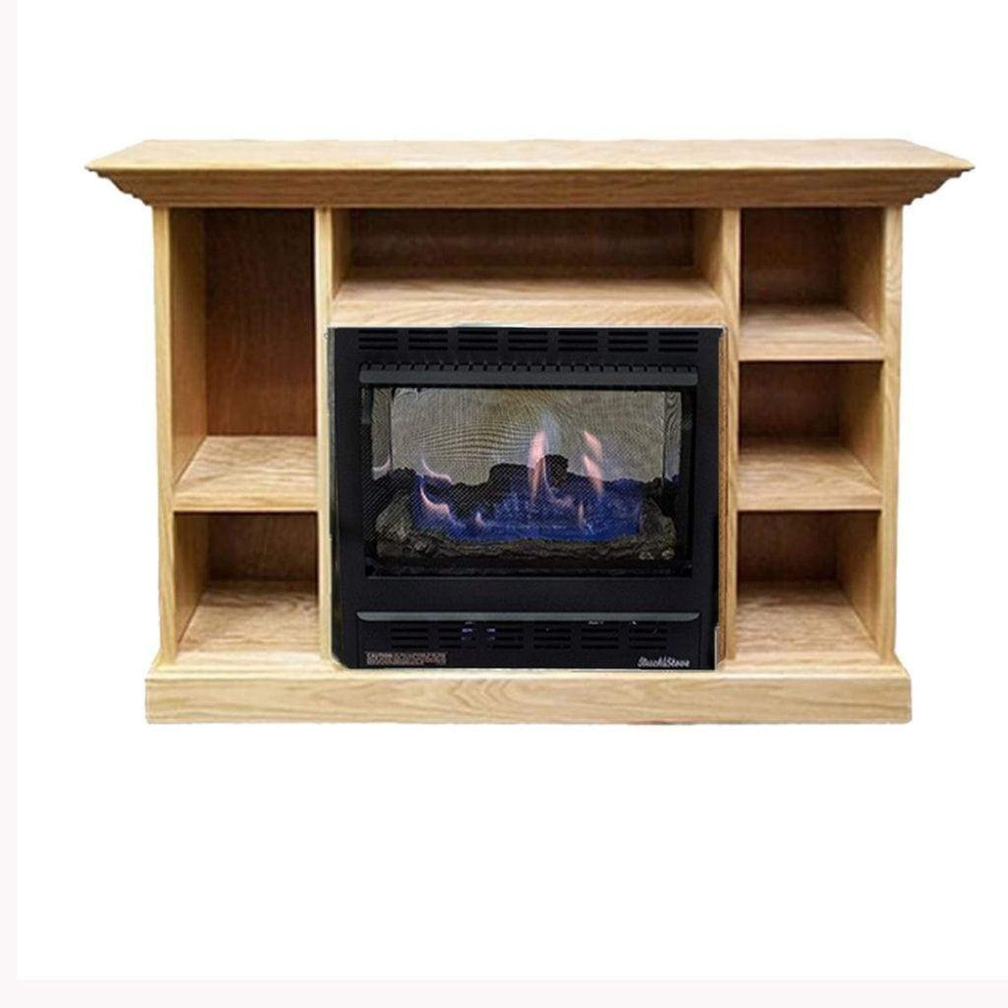 Buck Stove Model 1127 Vent Free Black Liquid Propane Gas Stove and Prestige Bookcase Unfinished Mantel Combo