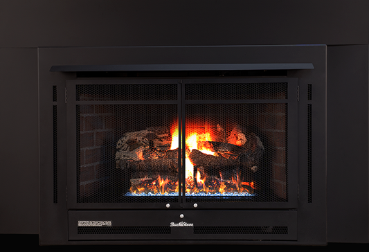 Buck Stove Model 34ZC Manhattan Old Town Red With Weathered Liquid Propane Gas Logs