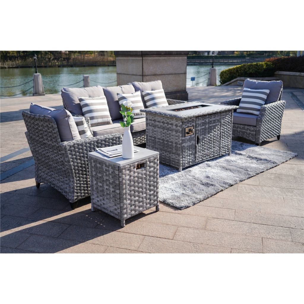 Direct Wicker Upgraded and Heighten 5-Piece Outdoor Wicker Patio Sofa Set with Gas Fire Pit Table, Burner System and Cushions (Single Items Included)