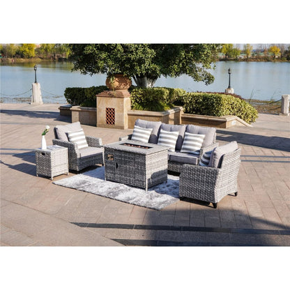 Direct Wicker Upgraded and Heighten 5-Piece Outdoor Wicker Patio Sofa Set with Gas Fire Pit Table, Burner System and Cushions (Single Items Included)