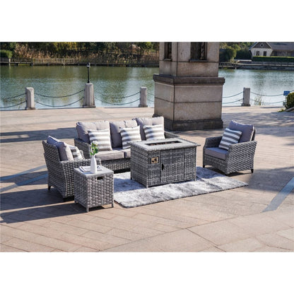 Direct Wicker Upgraded and Heighten 5-Piece Outdoor Wicker Patio Sofa Set with Gas Fire Pit Table, Burner System and Cushions (Single Items Included)