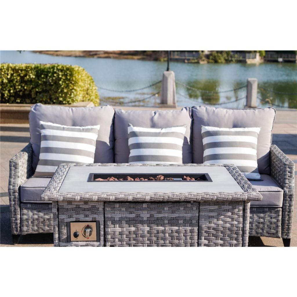 Direct Wicker Upgraded and Heighten 5-Piece Outdoor Wicker Patio Sofa Set with Gas Fire Pit Table, Burner System and Cushions (Single Items Included)