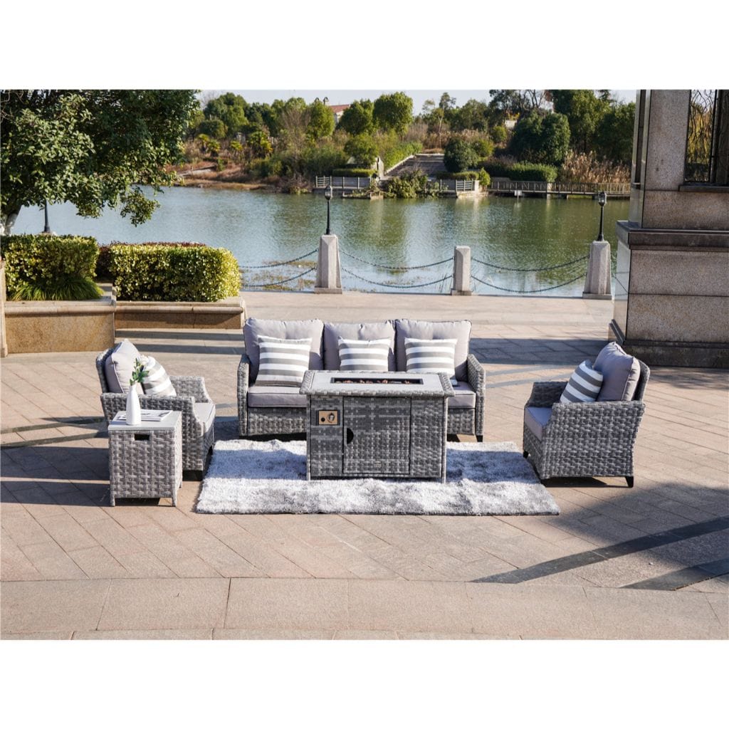 Direct Wicker Upgraded and Heighten 5-Piece Outdoor Wicker Patio Sofa Set with Gas Fire Pit Table, Burner System and Cushions (Single Items Included)