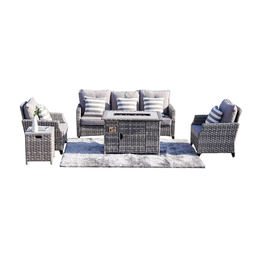 Direct Wicker Upgraded and Heighten 5-Piece Outdoor Wicker Patio Sofa Set with Gas Fire Pit Table, Burner System and Cushions (Single Items Included)