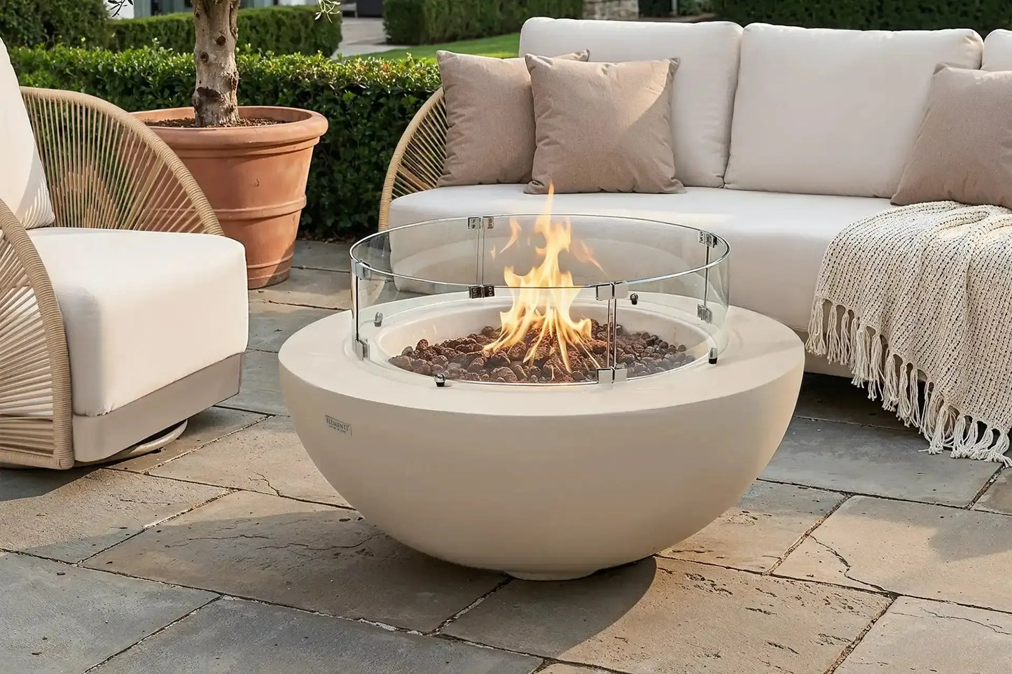 Elementi Lunar Bowl 42" Round Frosted Cream White Concrete Liquid Propane Fire Table