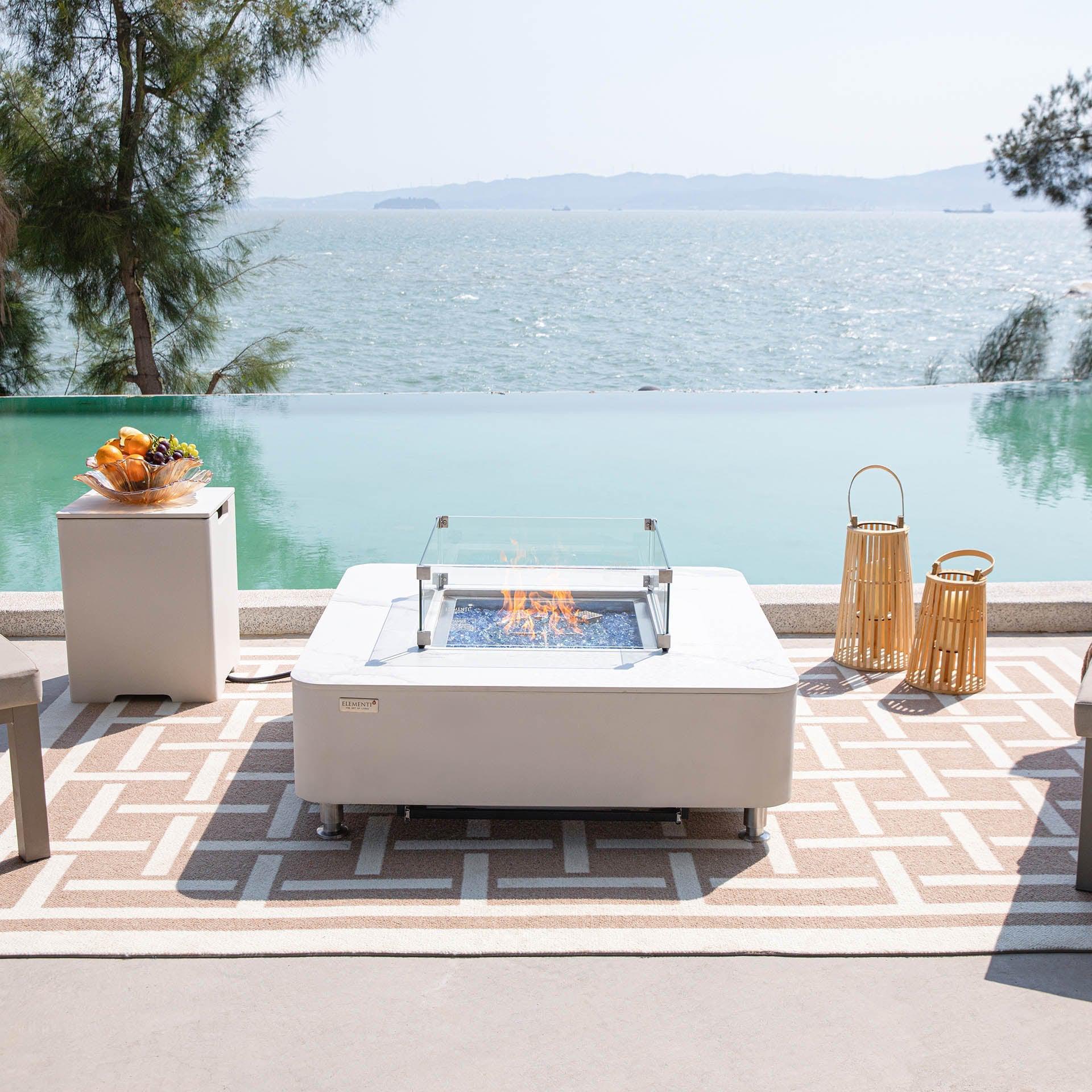 Elementi Plus Annecy 42" Bianco White Marble Porcelain Liquid Propane Fire Table