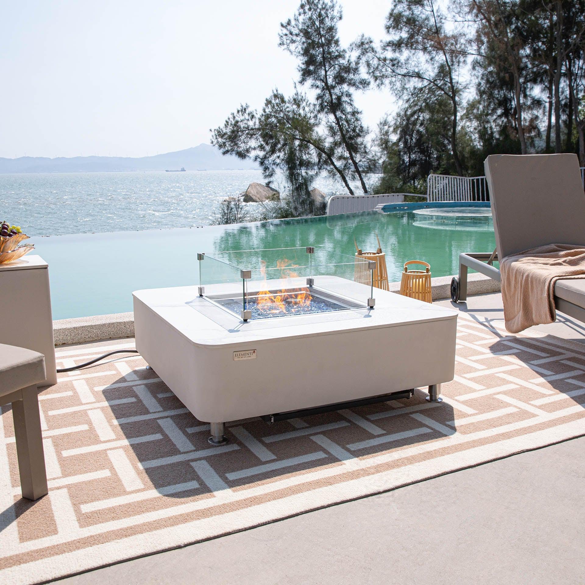 Elementi Plus Annecy 42" Bianco White Marble Porcelain Liquid Propane Fire Table