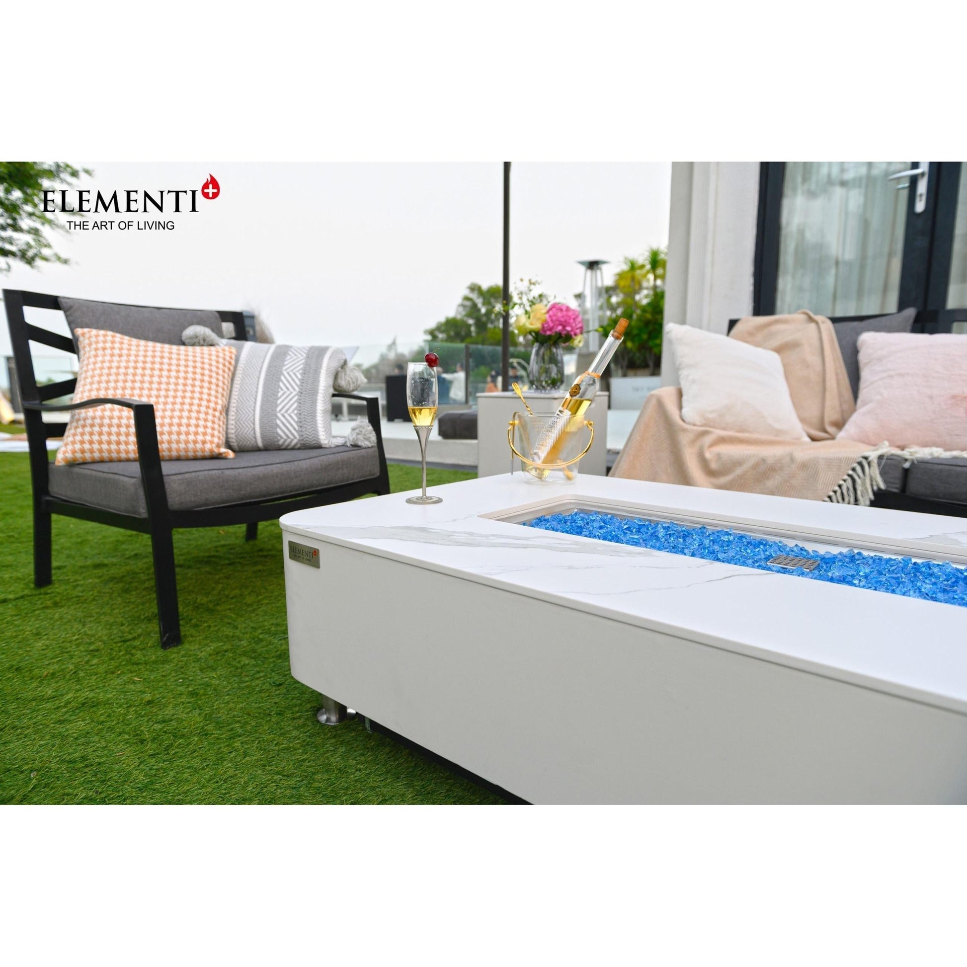 Elementi Plus Athens 30" Bianco White Concrete Liquid Propane Marble Porcelain Fire Table