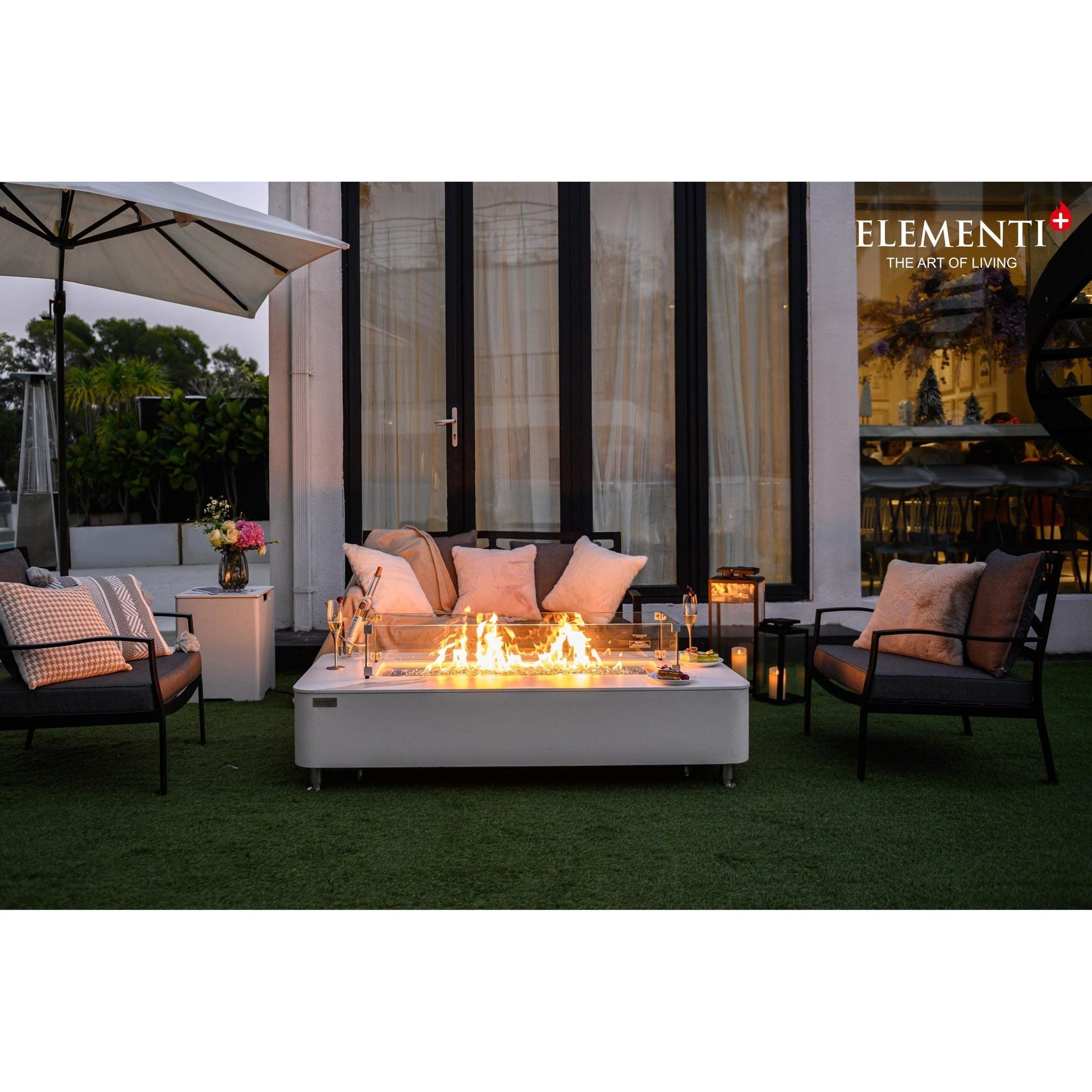Elementi Plus Athens 30" Bianco White Concrete Liquid Propane Marble Porcelain Fire Table