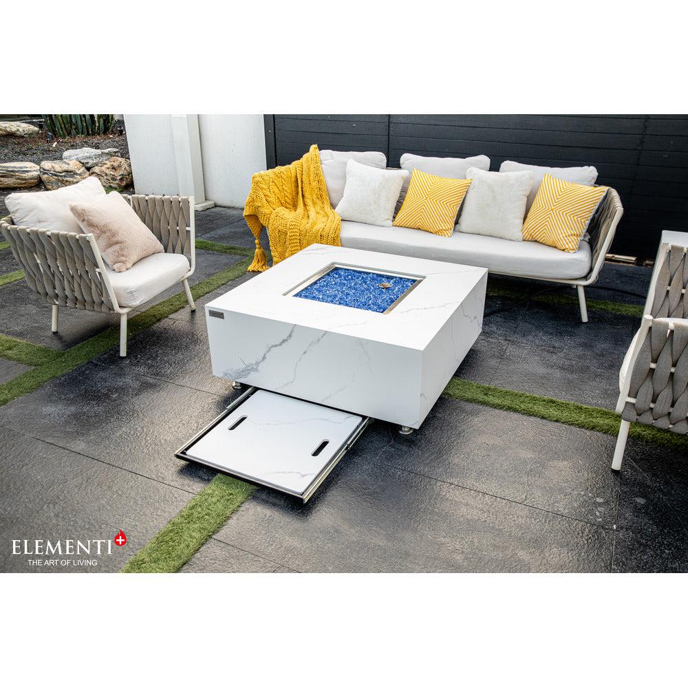 Elementi Plus Bianco 39" Square White Marble Porcelain Liquid Propane Fire Table