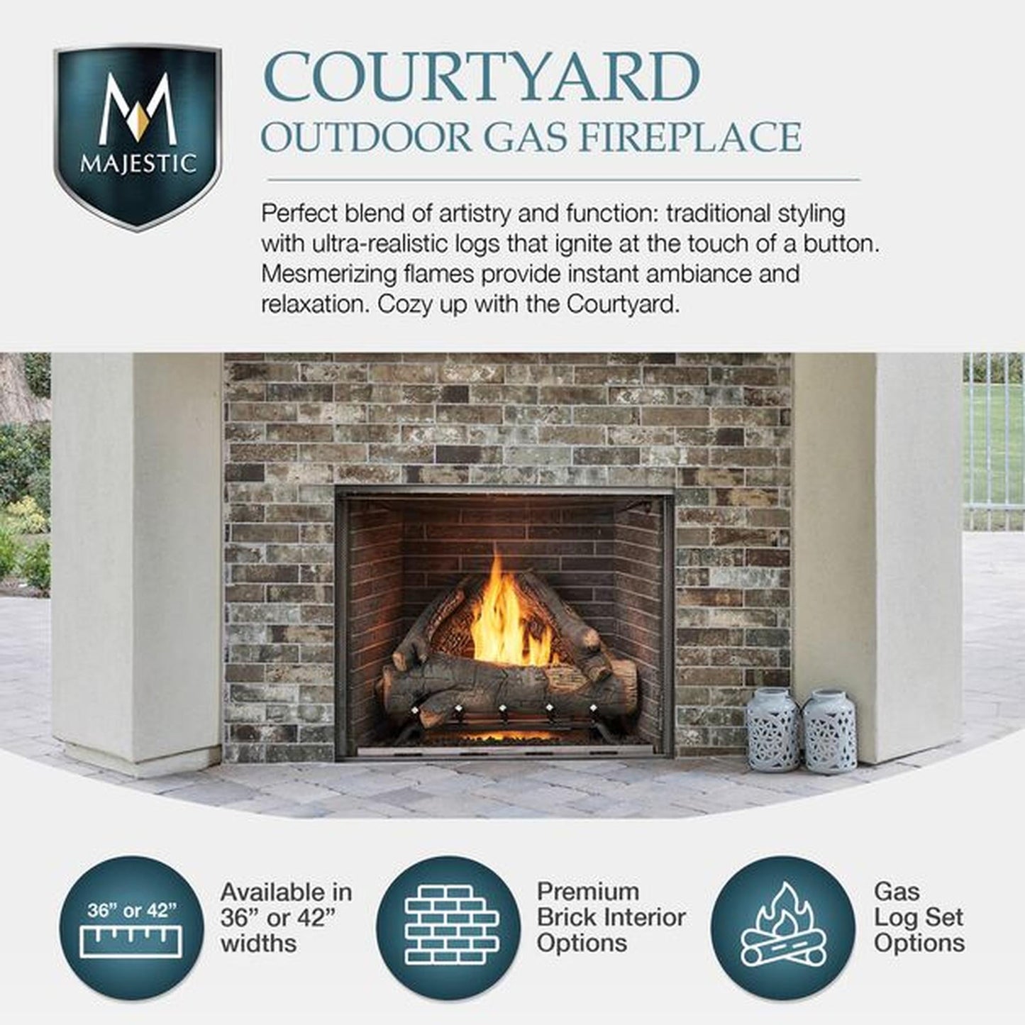 Majestic Courtyard 42" Traditional Outdoor Vent-Free Natural Gas Fireplace With Traditional Stacked Concrete Refractory and IntelliFire Ignition System