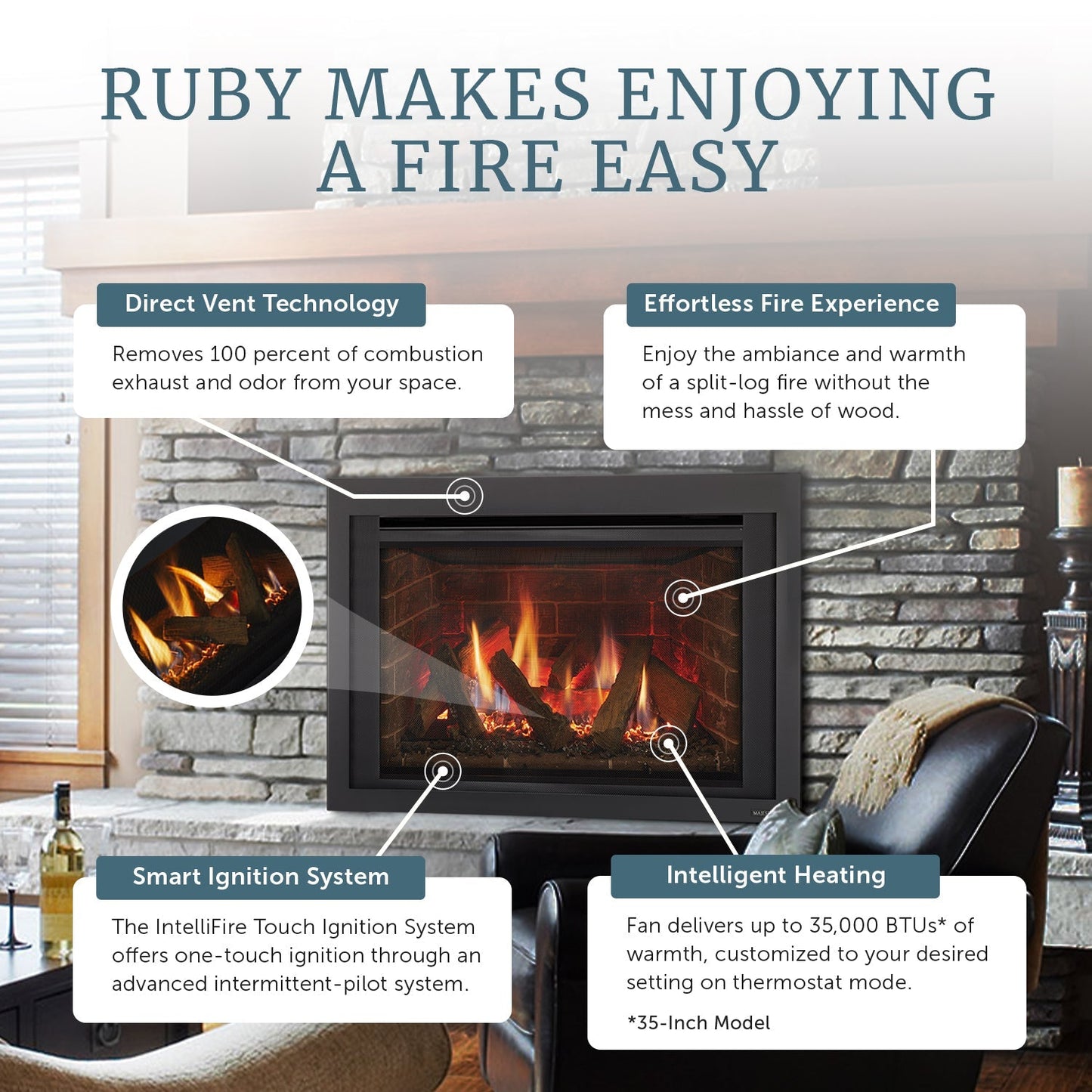 Majestic Ruby 30" Traditional Direct Vent Natural Gas Fireplace Insert With IntelliFire Touch Ignition System