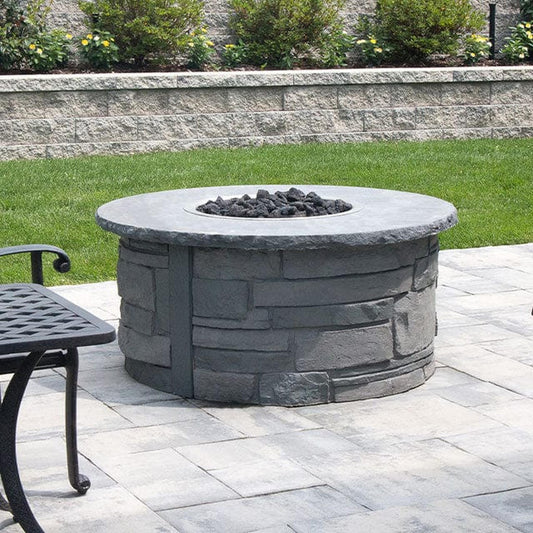 Nicolock 44" Ovation Round Deluxe TPSI Liquid Propane Package with Surround in Ledgestone Texture & Bluestone Color