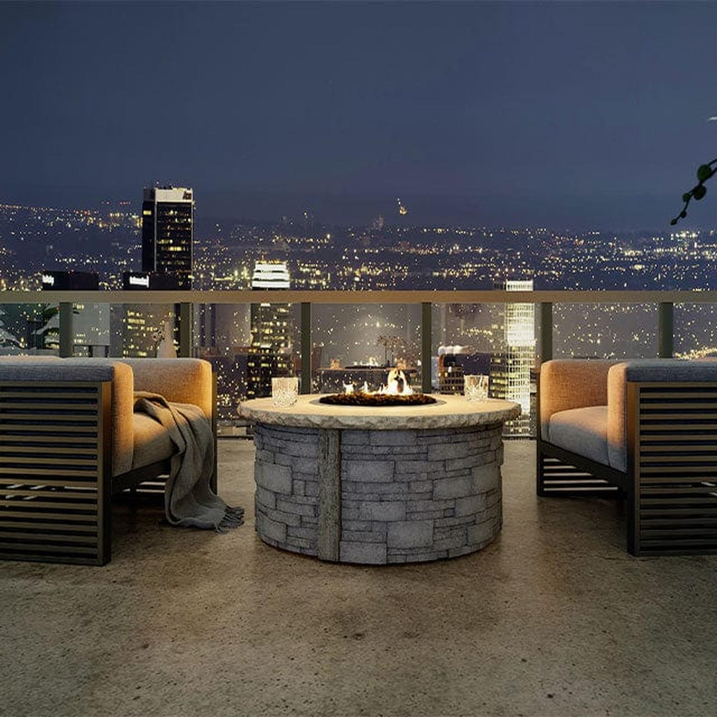 Nicolock 44" Ovation Round Deluxe TPSI Liquid Propane Package with Surround in Stackstone Texture & Bluestone Color