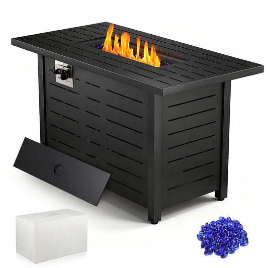 R.W.FLAME 43" Black Freestanding Propane Rectangular Fire Pit Table With Waterproof Cover and Glass Stones