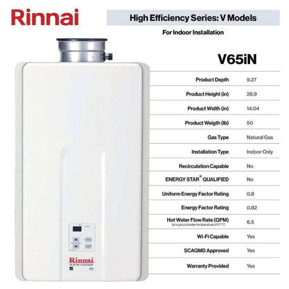 Rinnai HE Series 14" 150K BTU 6.5 GPM Indoor Non-Condensing Natural Gas Tankless Water Heater