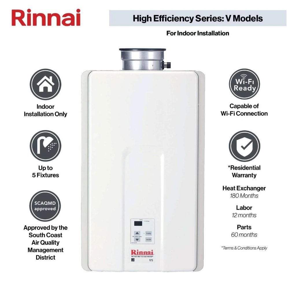 Rinnai HE Series 14" 150K BTU 6.5 GPM Indoor Non-Condensing Propane Gas Tankless Water Heater