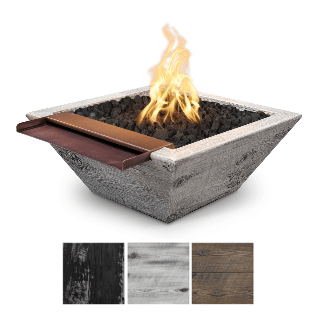 The Outdoor Plus 24" Maya GFRC Wood Grain Concrete Square Fire & Wide Spill Water Bowl