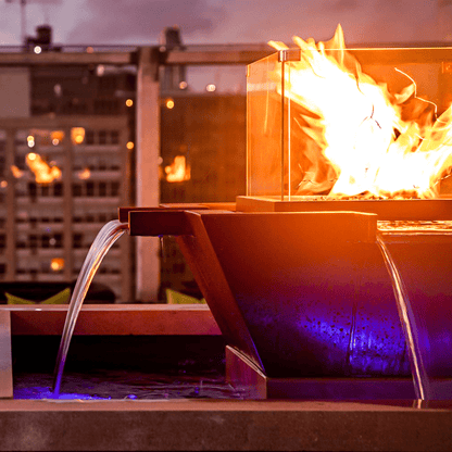 The Outdoor Plus 30" Maya Hammered Copper 4-Way Spillway Square Fire & Water Bowl