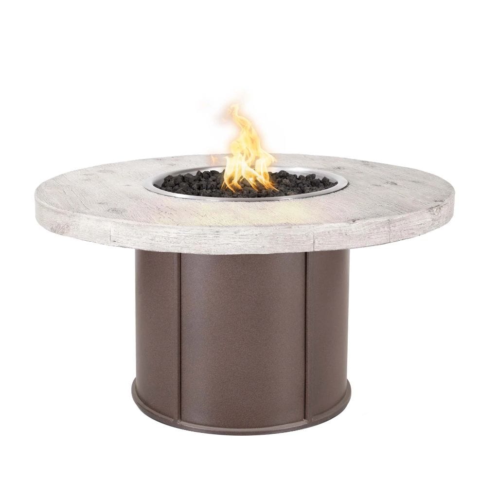 The Outdoor Plus 43" Fresno Wood Grain Concrete Top Round Fire Pit Table - Flame Sense with Spark